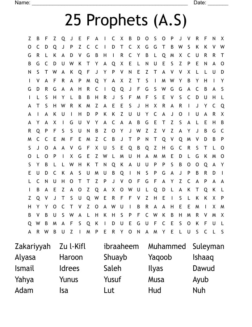 25 Prophets (A.S) Word Search
