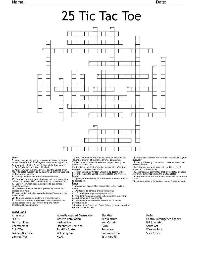 25 Tic Tac Toe  Crossword