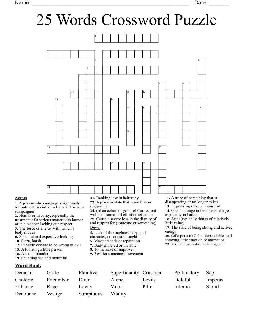 25 Words Crossword Puzzle