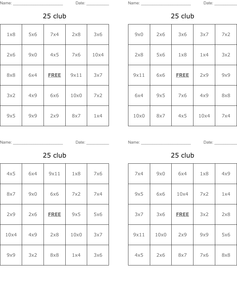 25 club Bingo Cards