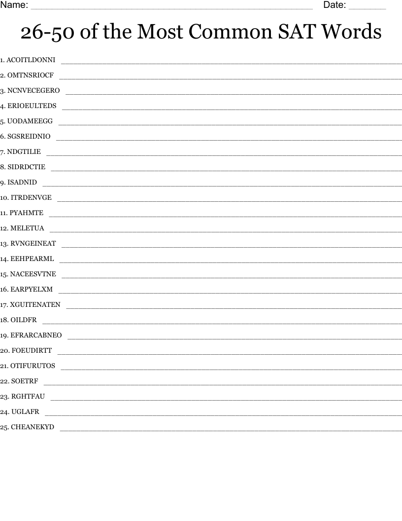 26-50 of the Most Common SAT Words Word Scramble