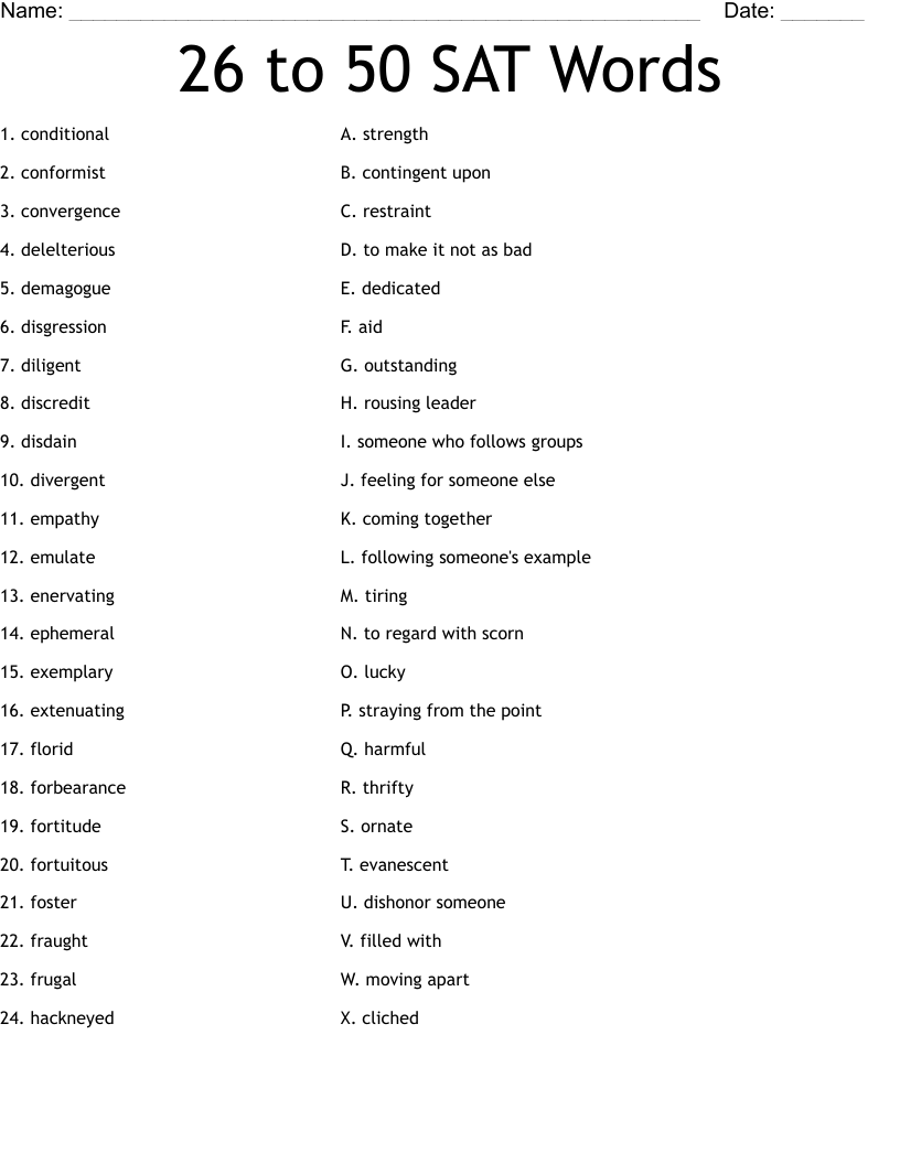 26 to 50 SAT Words Worksheet