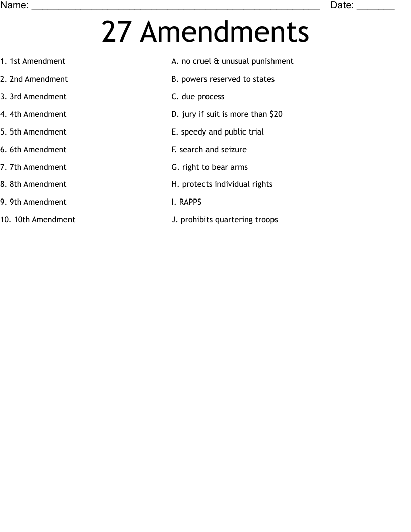 27 Amendments Worksheet