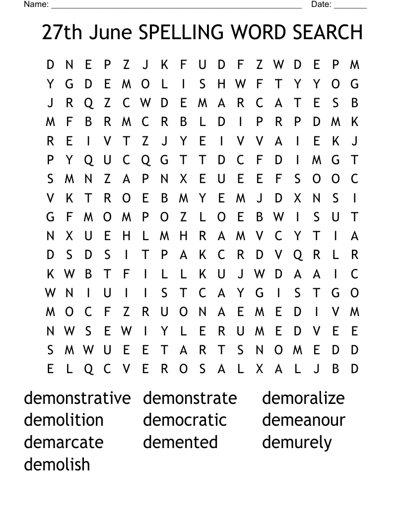 27th June SPELLING WORD SEARCH