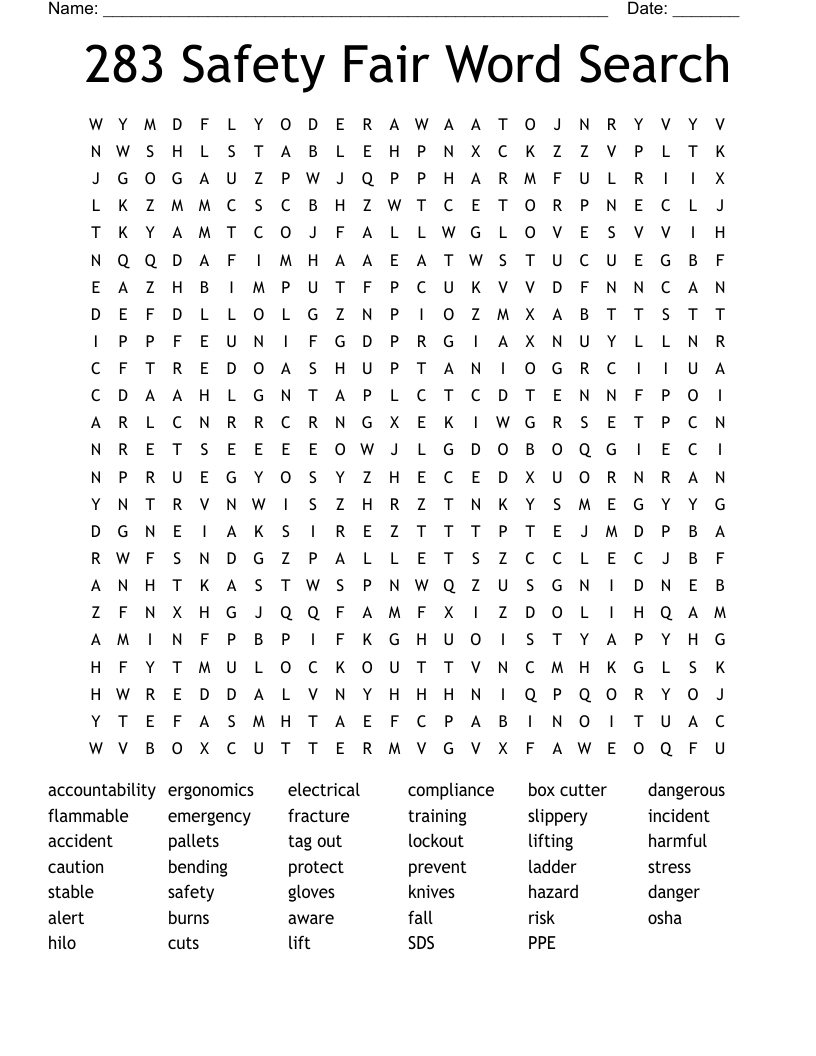 283 Safety Fair Word Search