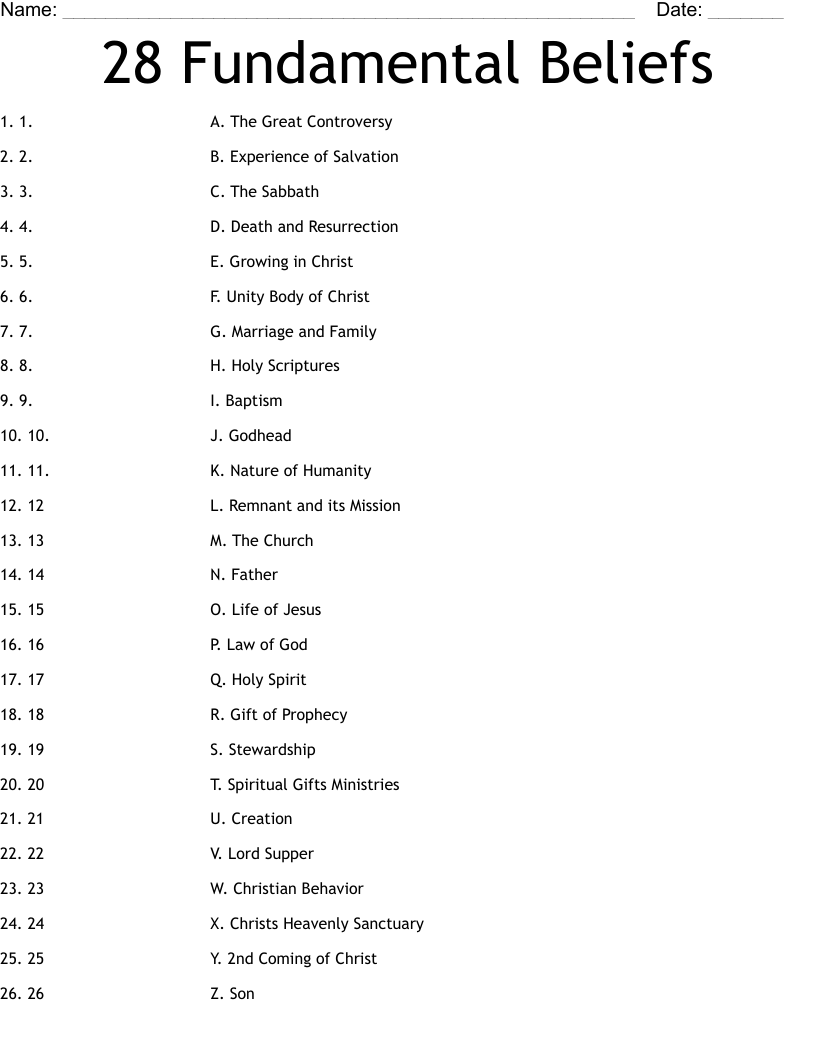 28 Fundamental Beliefs Worksheet