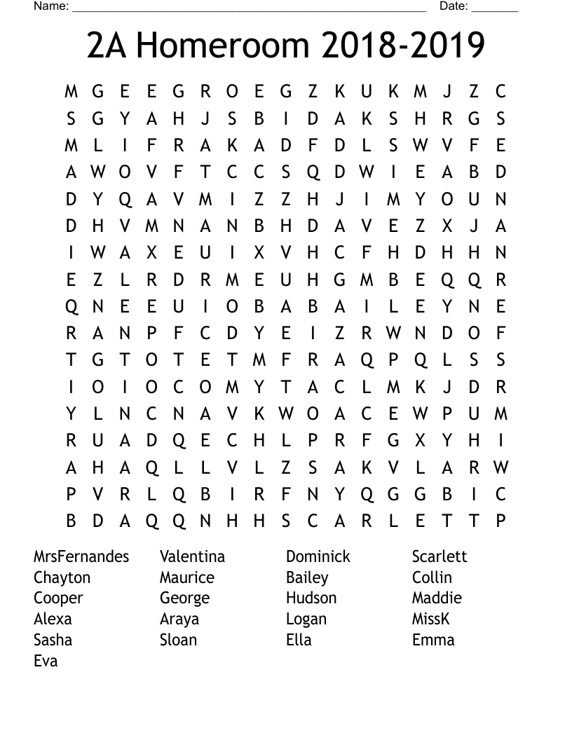 2A Homeroom 2018-2019 Word Search