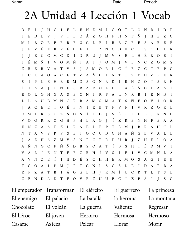 2A Unidad 4 Lección 1 Vocab Word Search