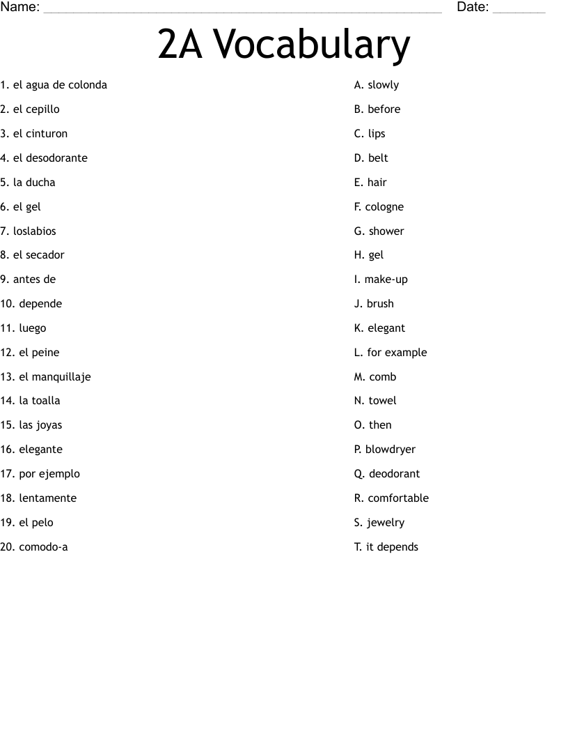 2A Vocabulary Worksheet