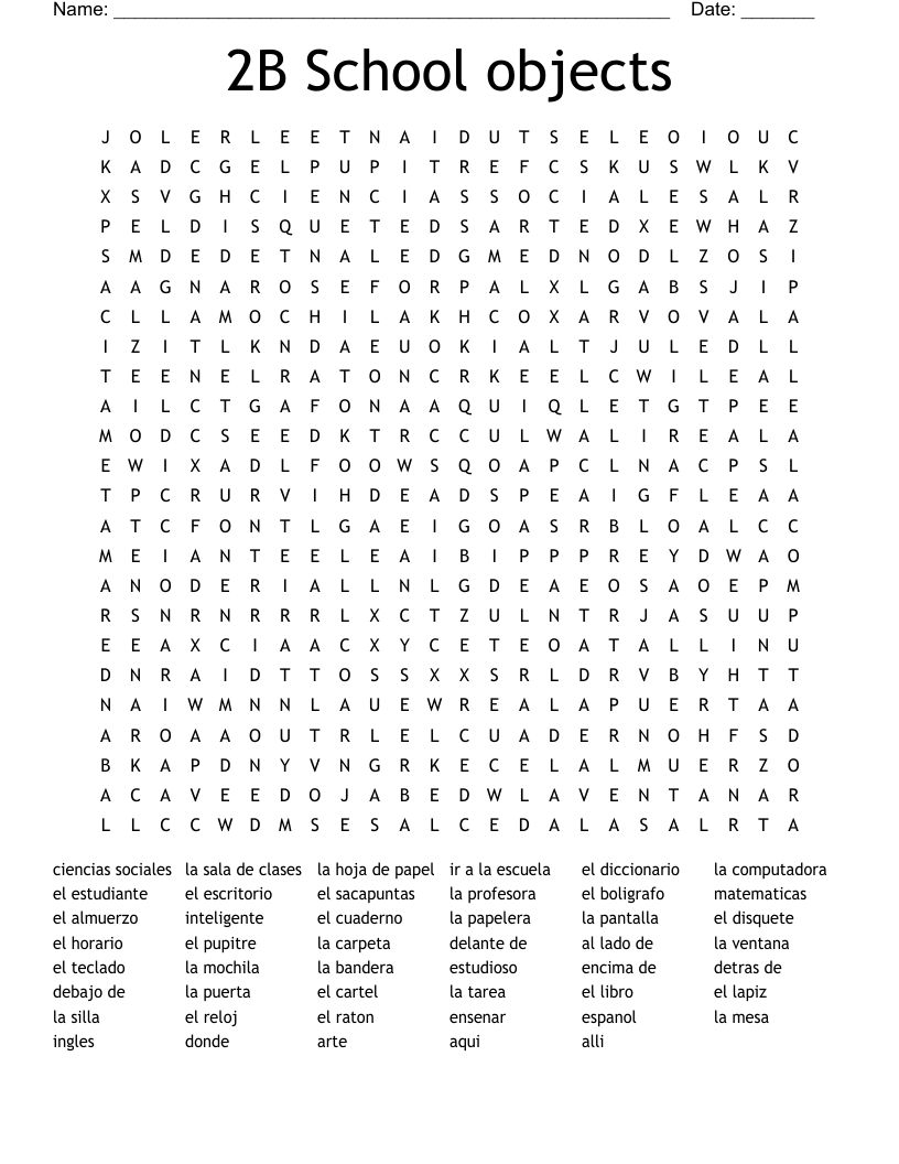 2B School objects Word Search
