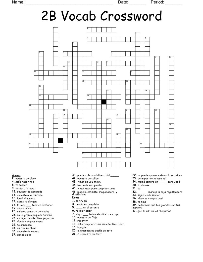 2B Vocab Crossword