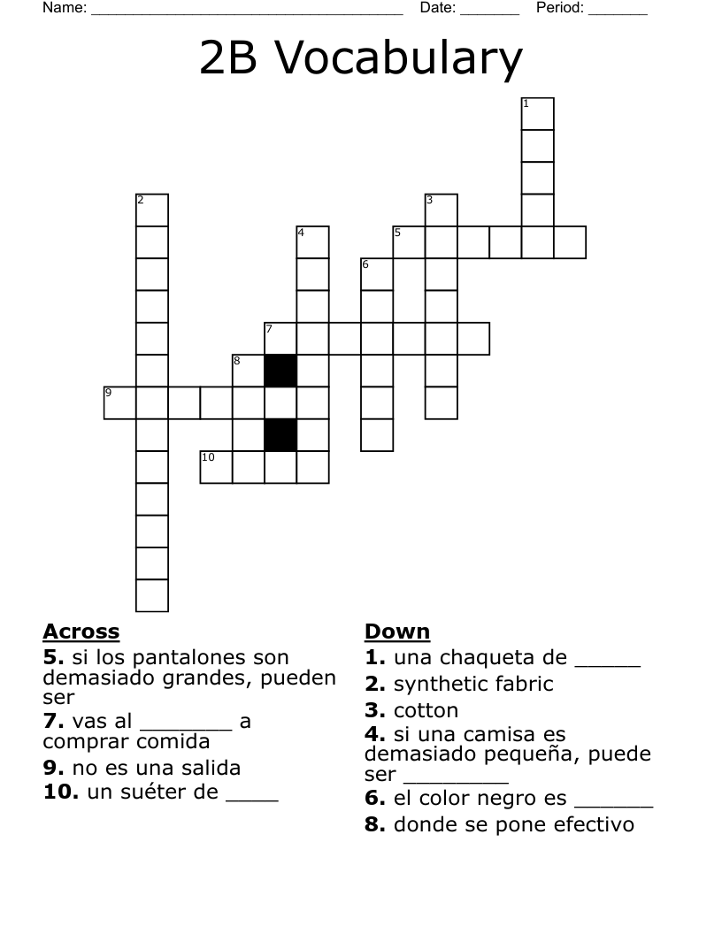 2B Vocabulary  Crossword