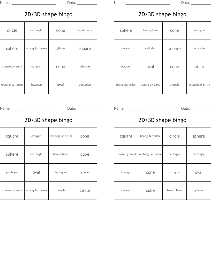 2D/3D shape bingo