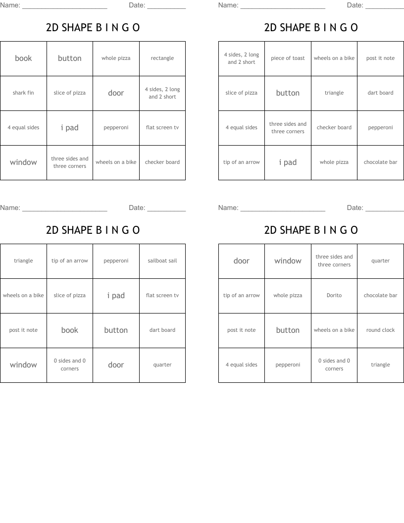 2D SHAPE B I N G O Bingo Cards