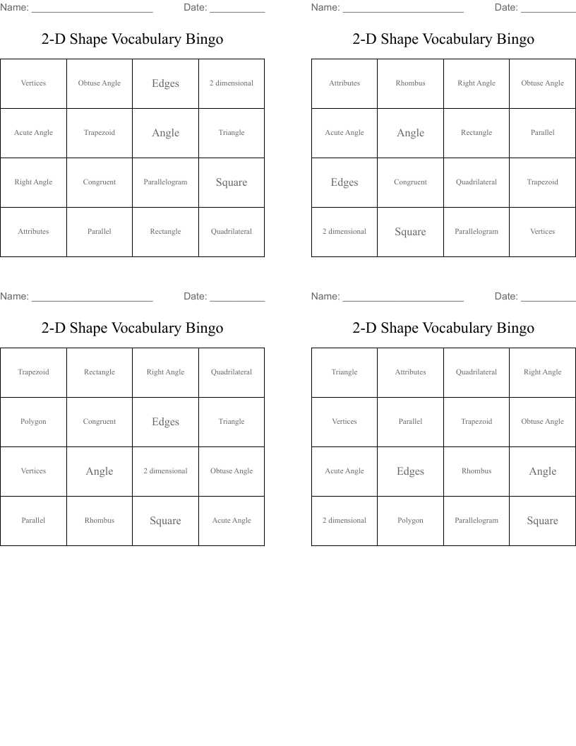 2-D Shape Vocabulary Bingo