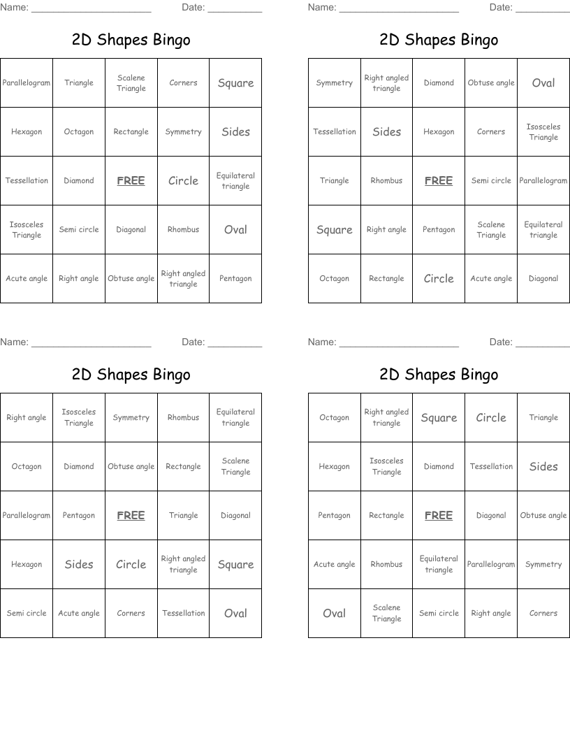 2D Shapes Bingo