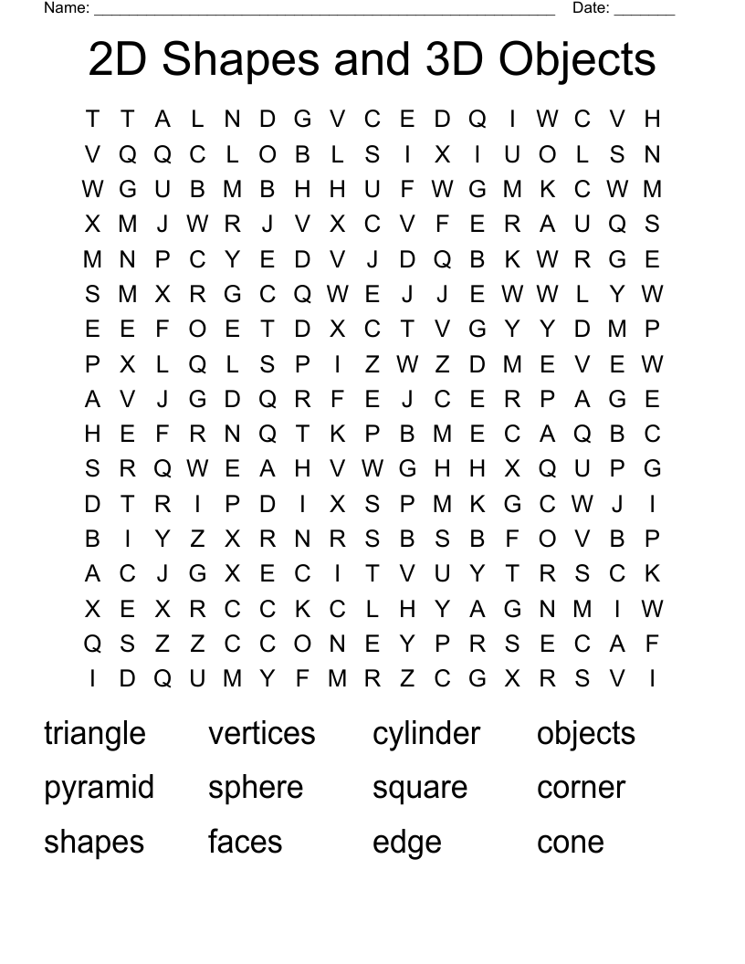 2D Shapes and 3D Objects Word Search