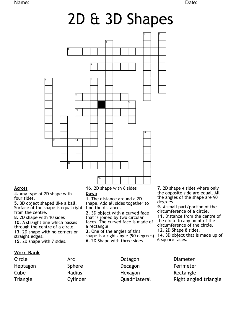 2D & 3D Shapes Crossword