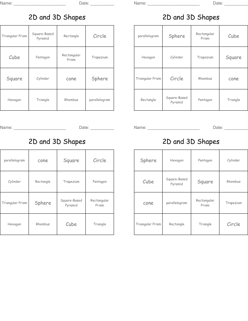 2D and 3D Shapes Bingo Cards