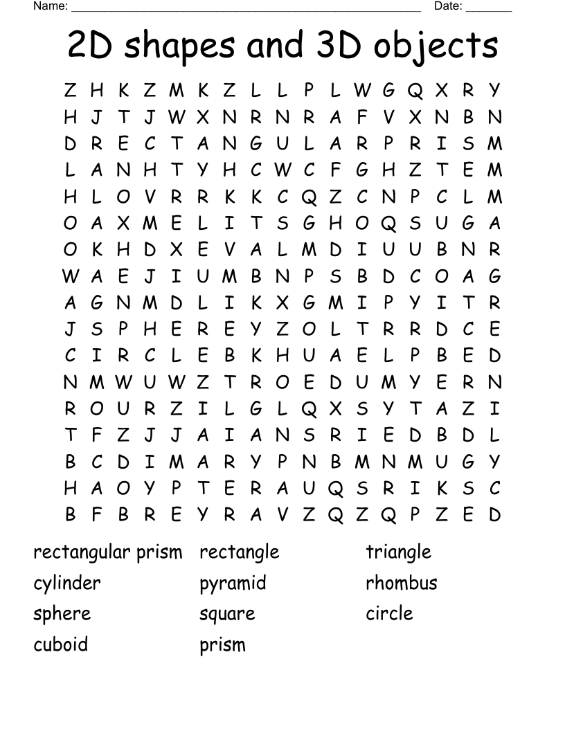 2D shapes and 3D objects Word Search