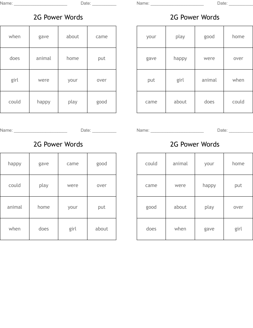 2G Power Words Bingo Cards