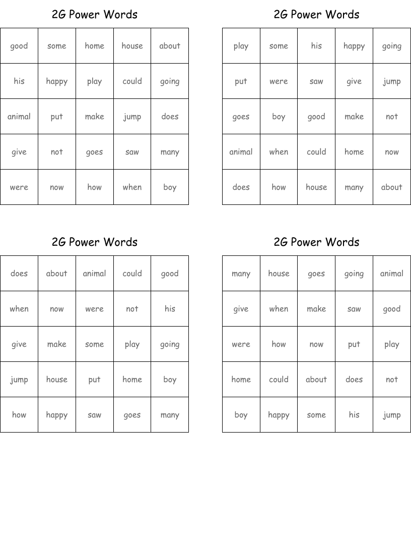 2G Power Words Bingo Cards