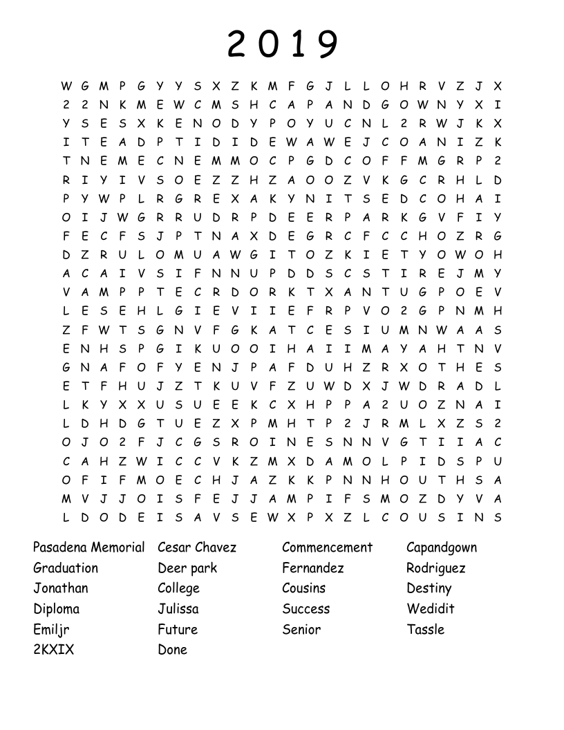 2 0 1 9 Word Search