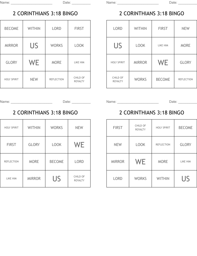 2 CORINTHIANS 3:18 BINGO