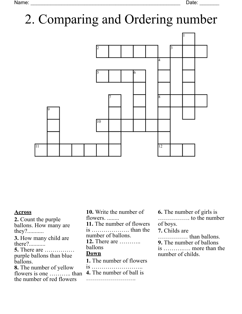 2. Comparing and Ordering number Crossword