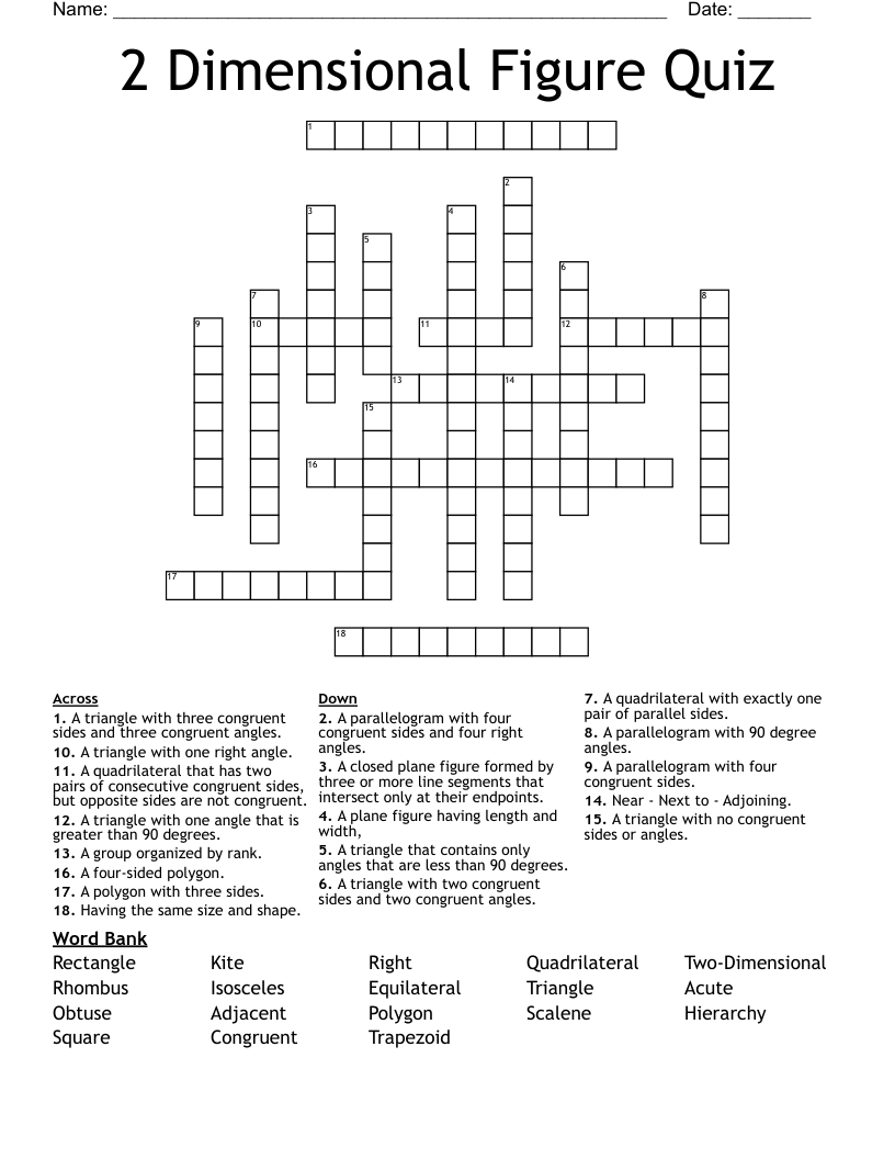 2 Dimensional Figure Quiz Crossword