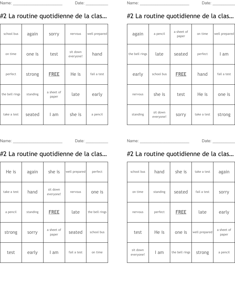 #2 La routine quotidienne de la classe Bingo Cards