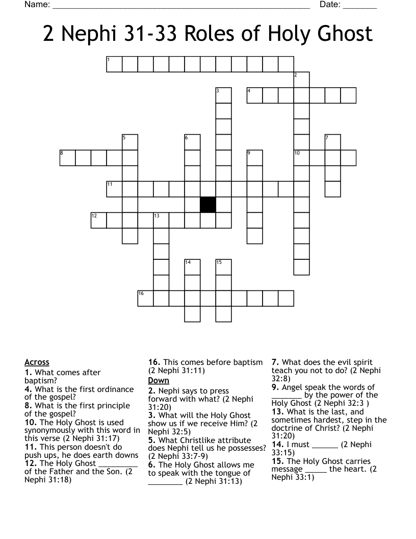 2 Nephi 31-33 Roles of Holy Ghost Crossword