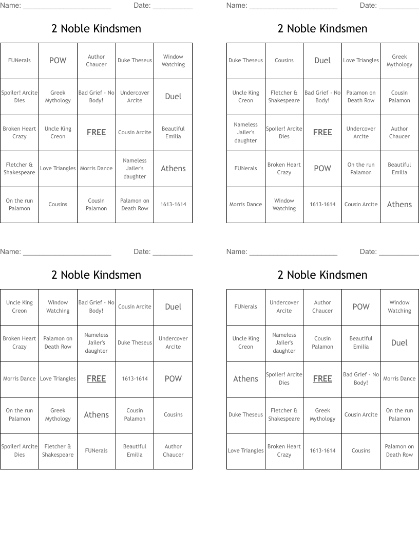 2 Noble Kindsmen Bingo Cards