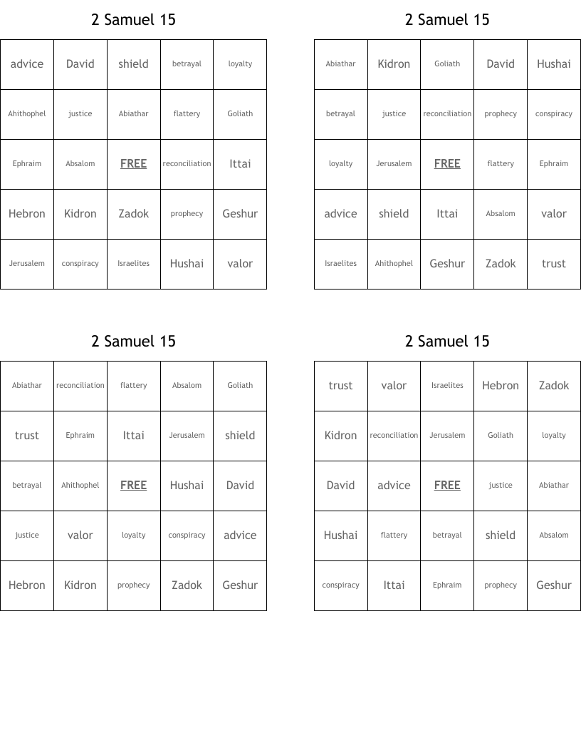 2 Samuel 15 Bingo Cards