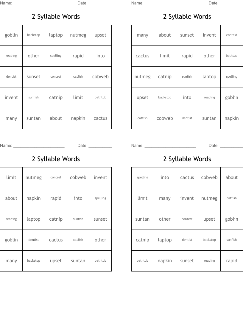 2 Syllable Words Bingo Cards