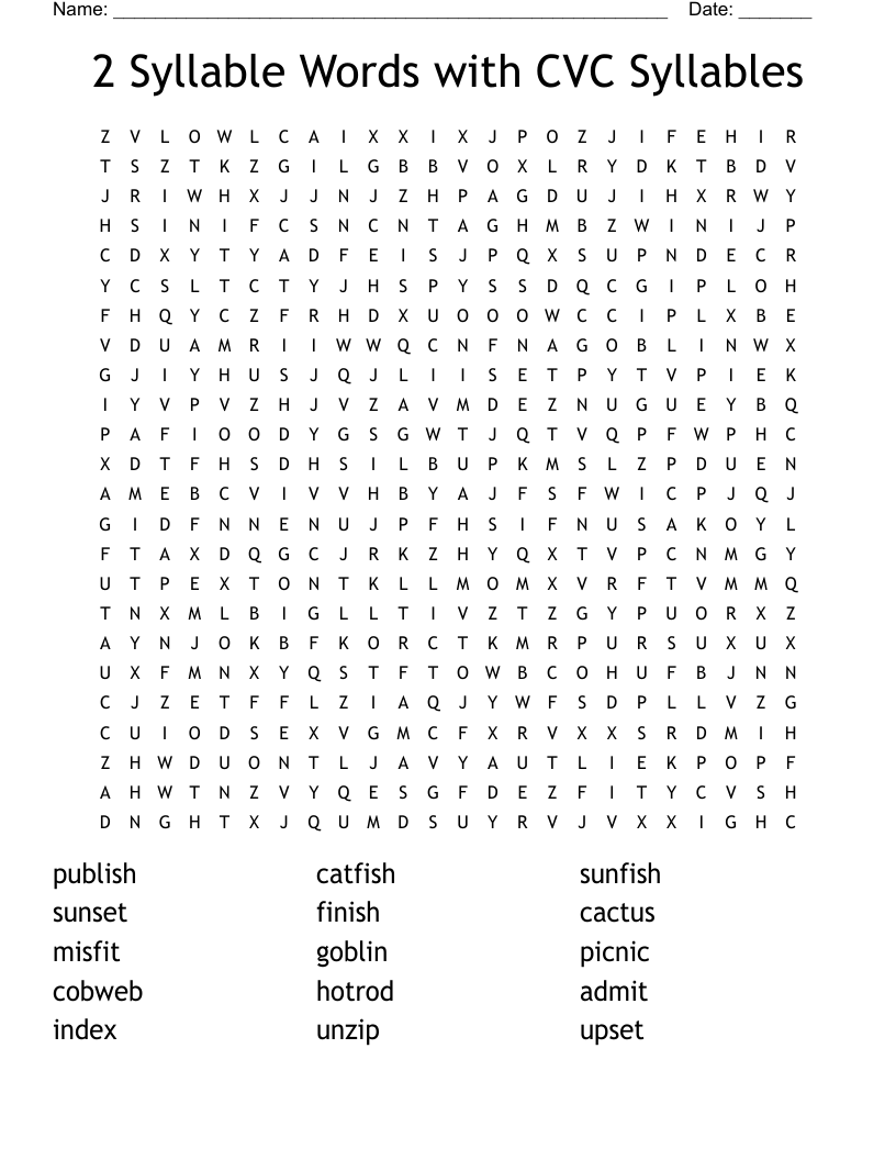 2 Syllable Words with CVC Syllables Word Search