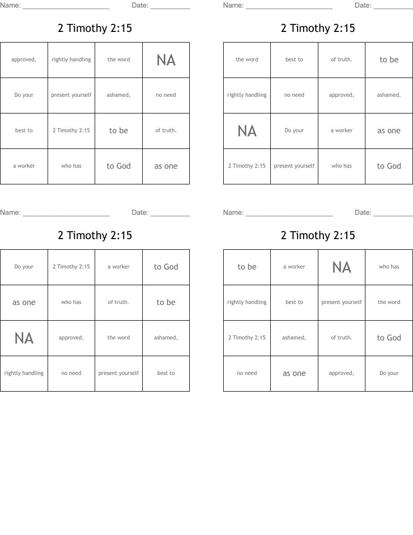2 Timothy 2:15 Bingo Cards