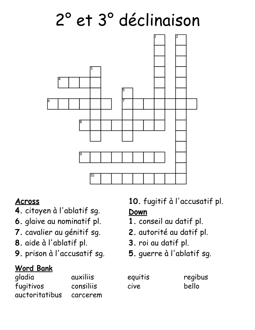 2° et 3° déclinaison Crossword