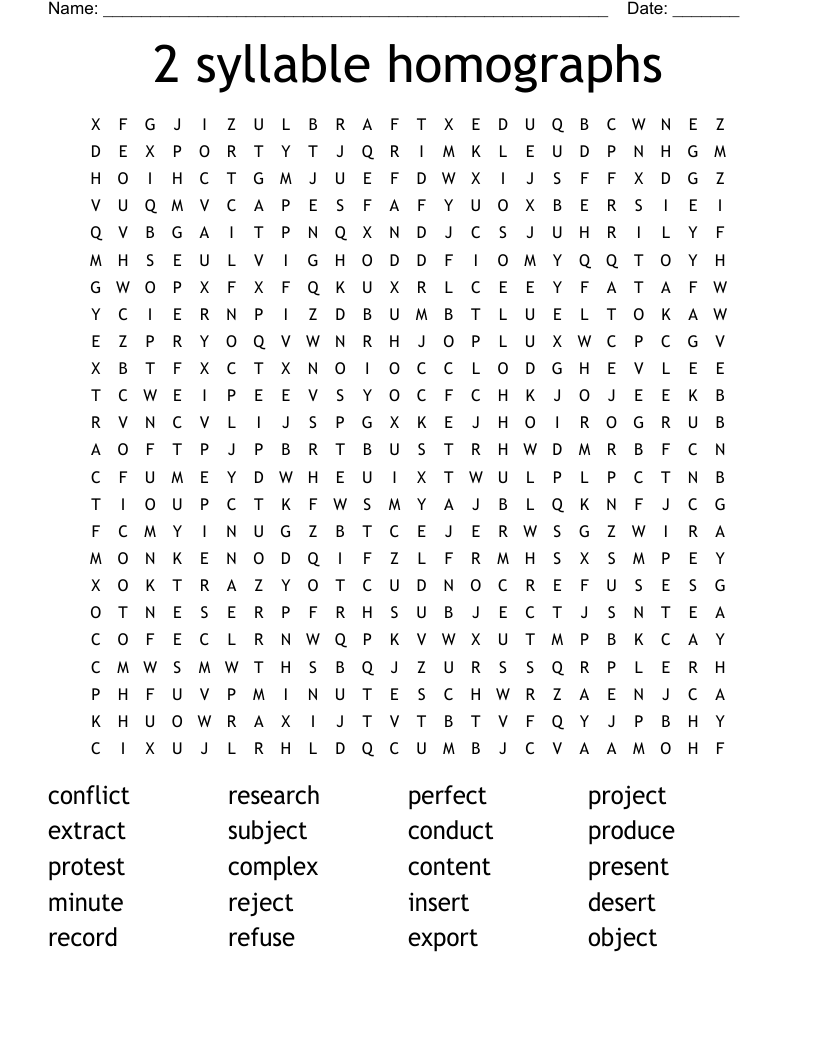 2 syllable homographs Word Search