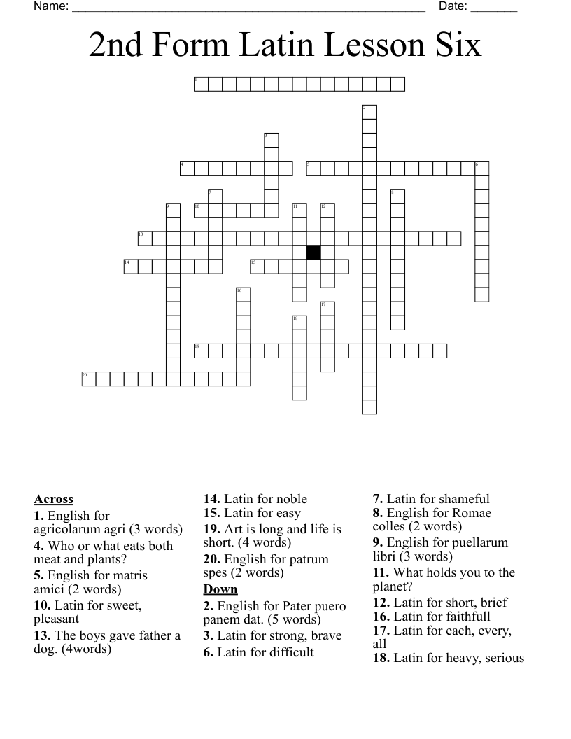 2nd Form Latin Lesson Six Crossword