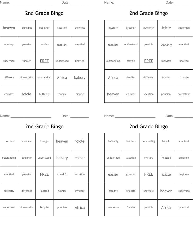 2nd Grade Bingo