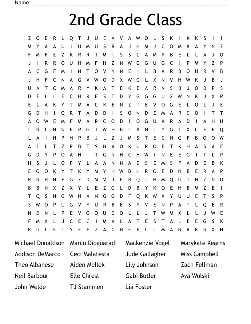 2nd Grade Class Word Search