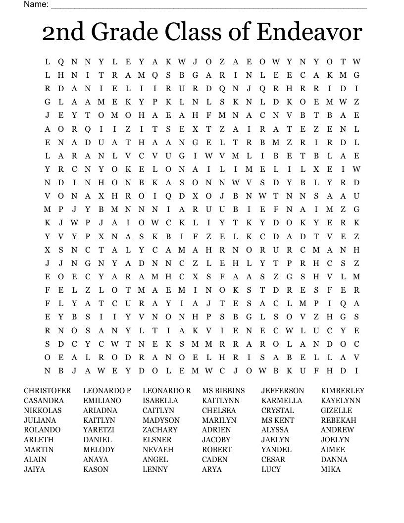 2nd Grade Class of Endeavor Word Search