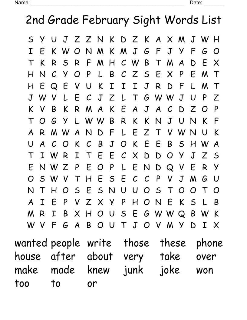 2nd Grade February Sight Words List Word Search
