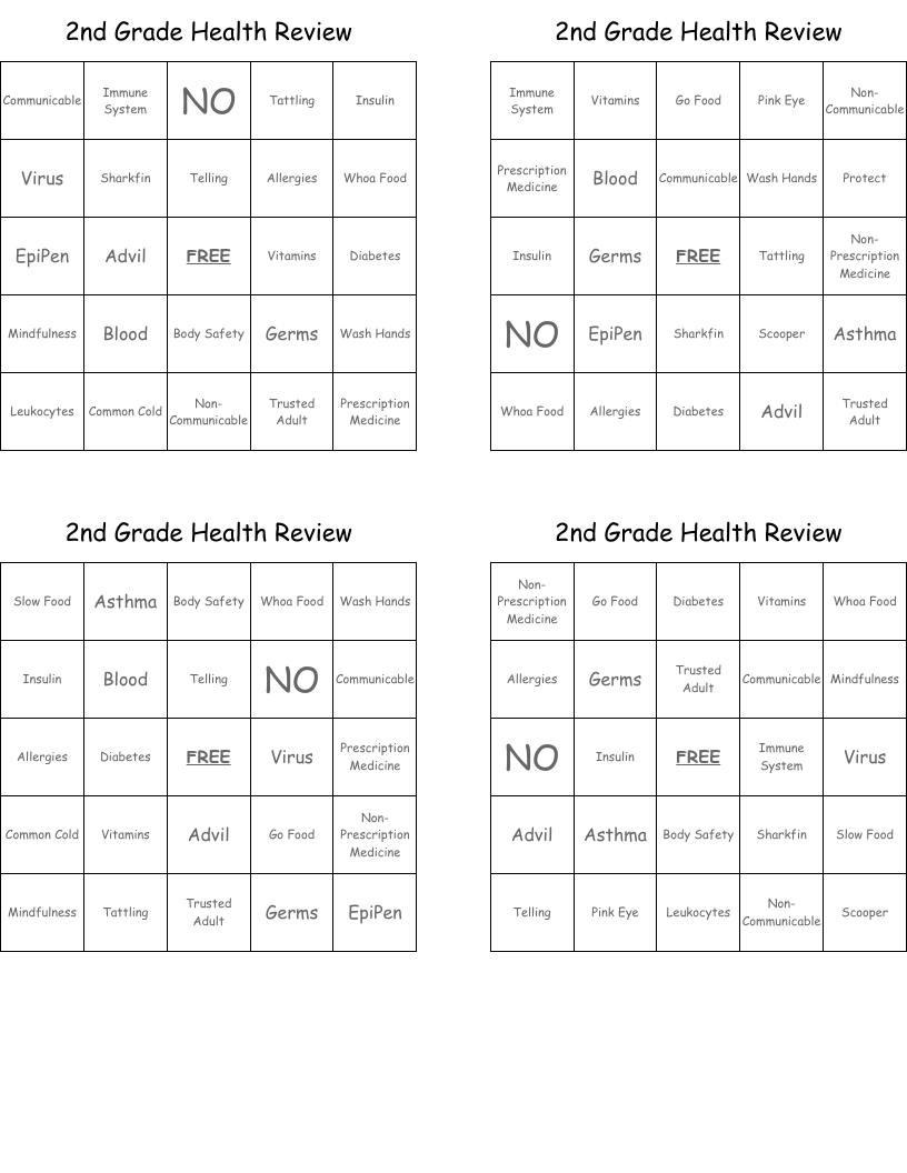 2nd Grade Health Review Bingo Cards