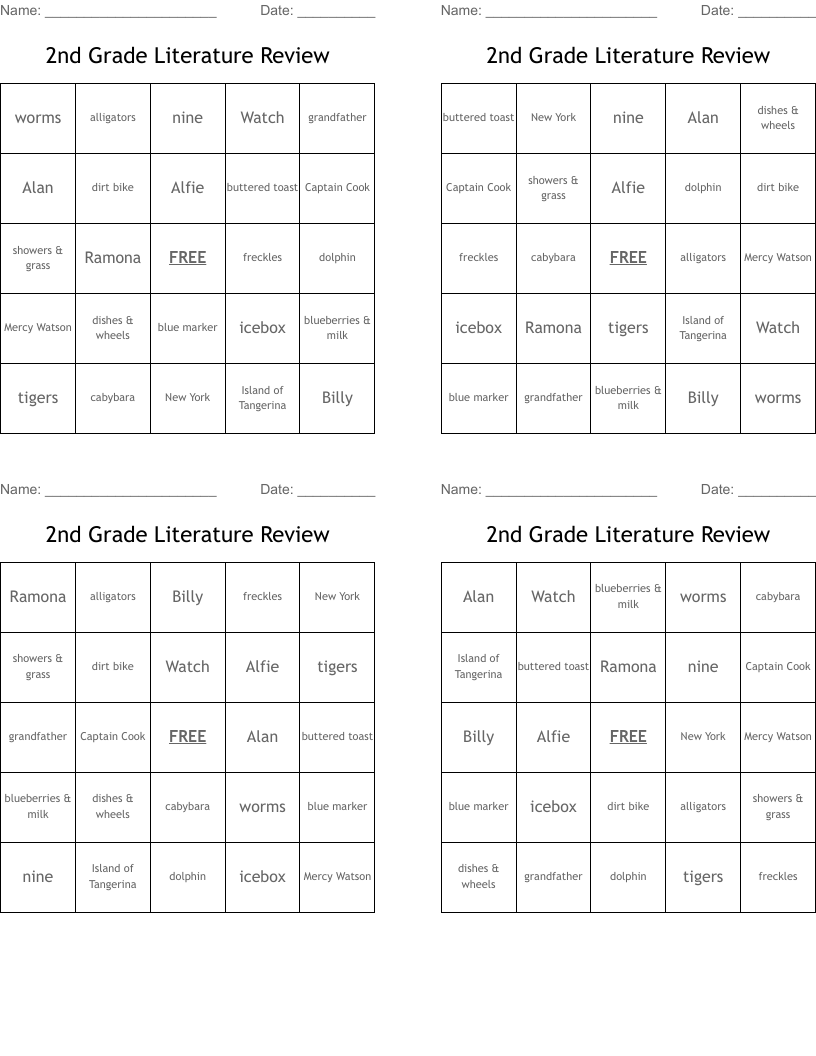 2nd Grade Literature Review Bingo Cards