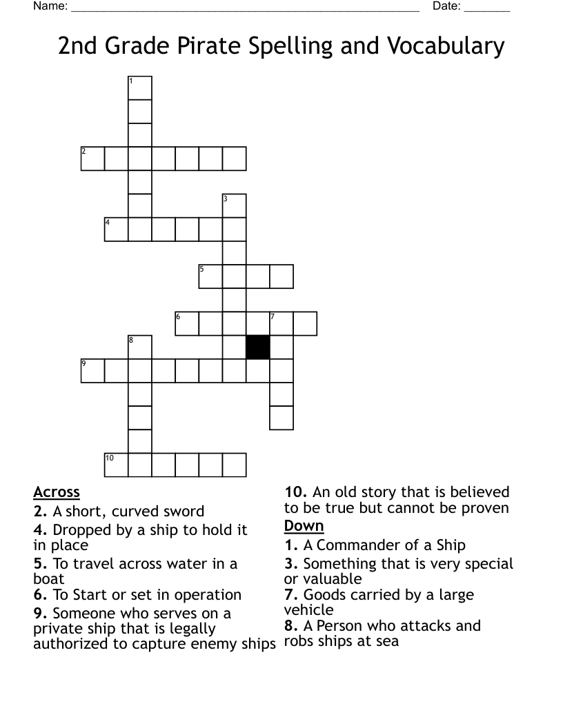 2nd Grade Pirate Spelling and Vocabulary Crossword