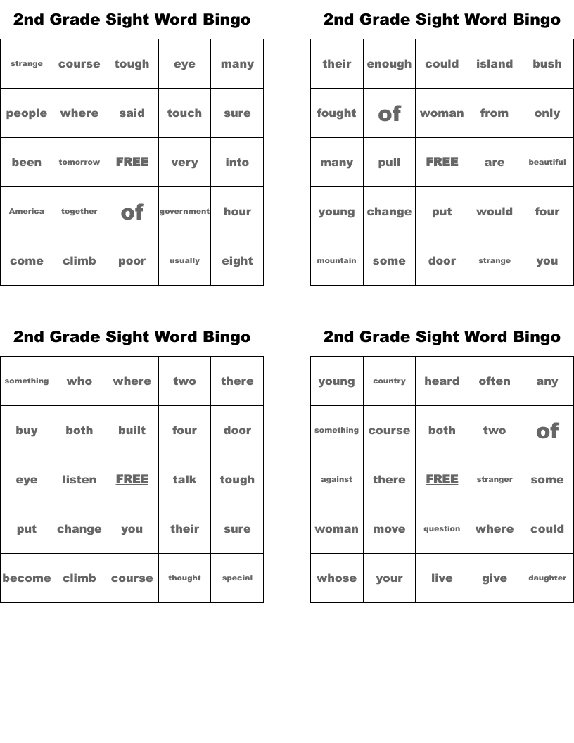 2nd Grade Sight Word Bingo