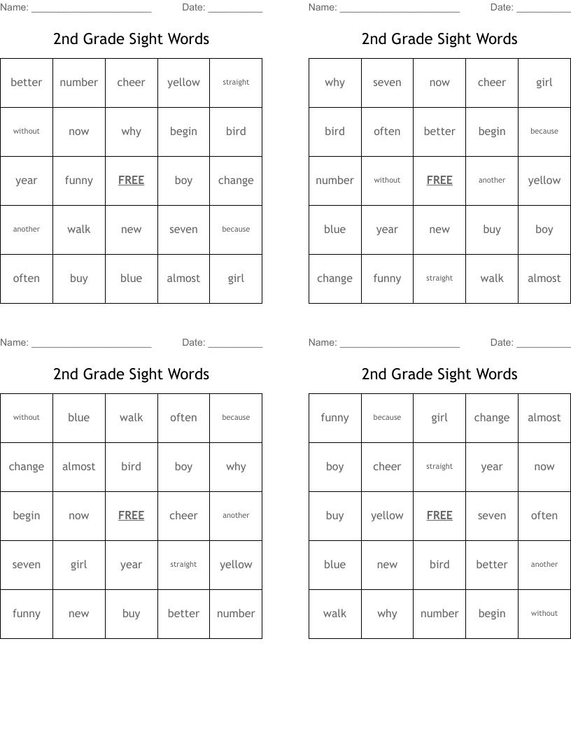 2nd Grade Sight Words Bingo Cards