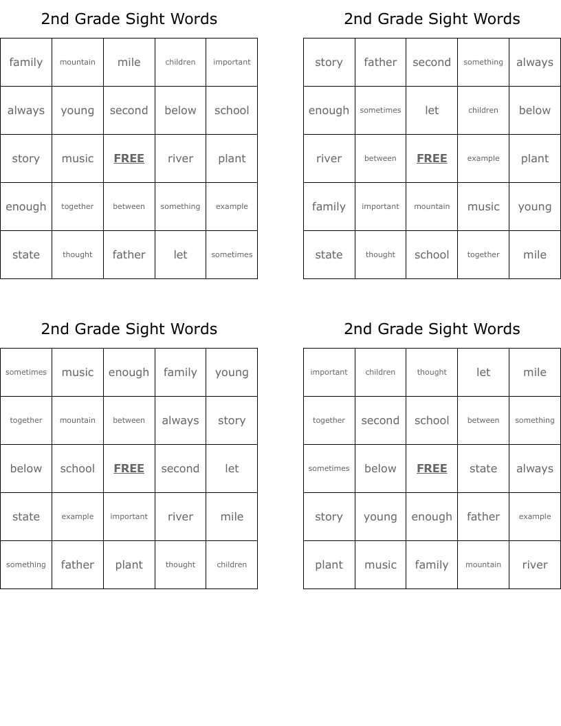 2nd Grade Sight Words Bingo Cards
